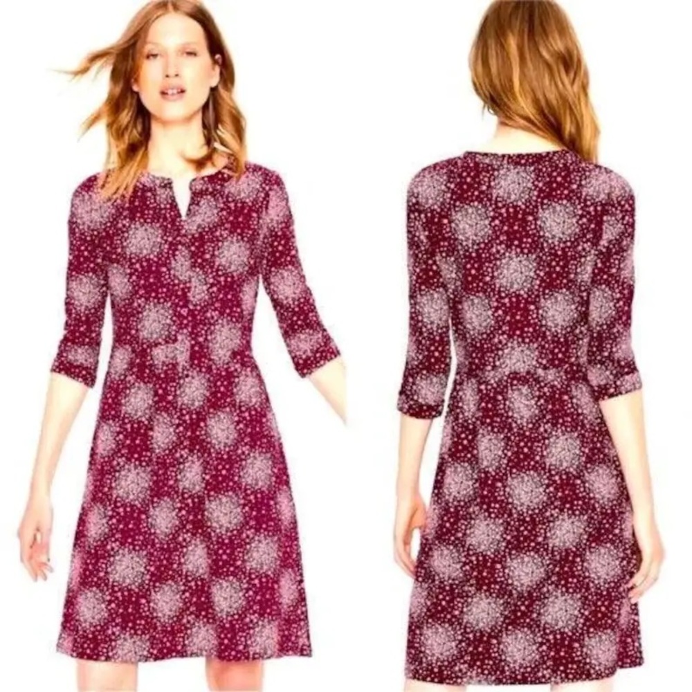 Boden Briar Jersey Dress Mulled Wine Flower Burst 3/4 sleeves Pockets sz 12L